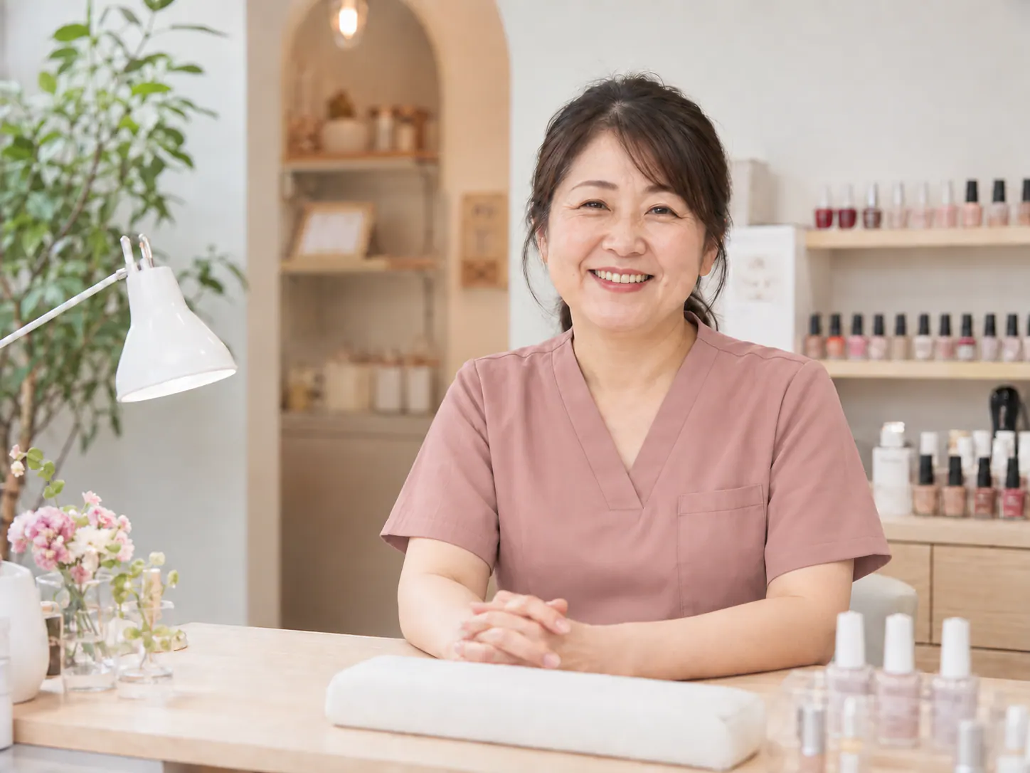 明るいネイルサロンで接客する女性オーナー