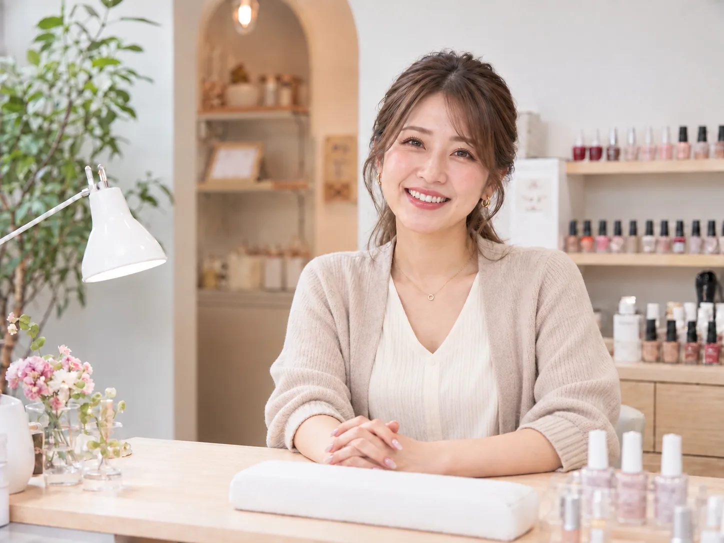 明るいネイルサロンで微笑む若い女性オーナー